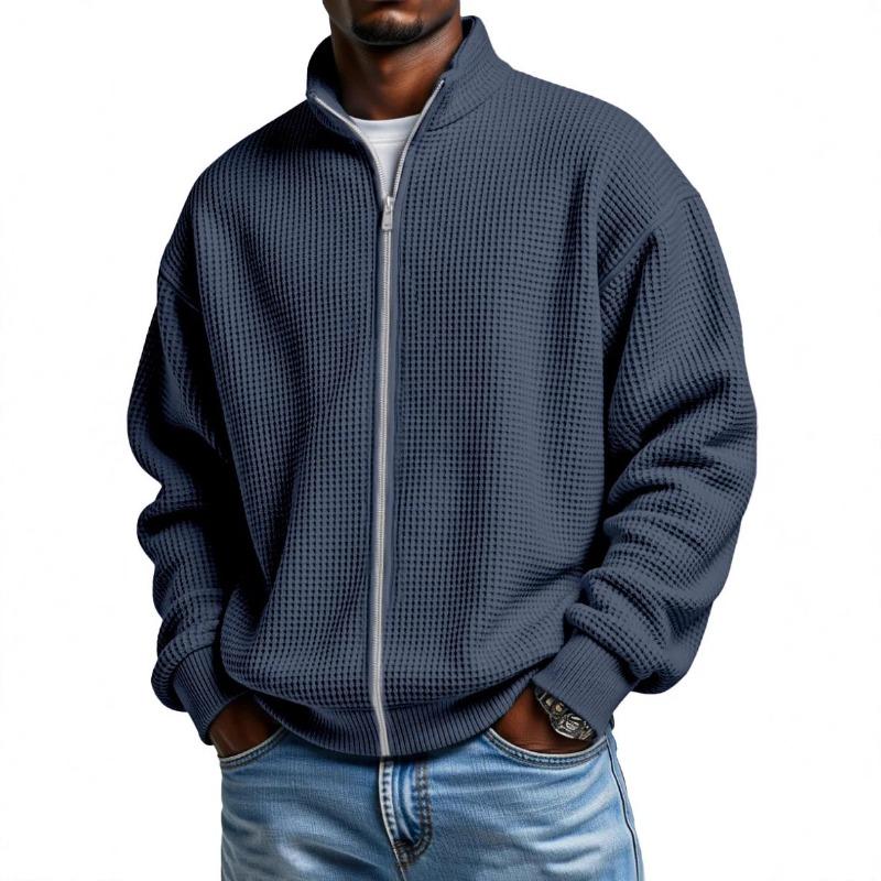 Mens Grey Waffle Knit Zip-Up Jacket Stand Collar Loose Fit Long Sleeve Casual Solid Color Top