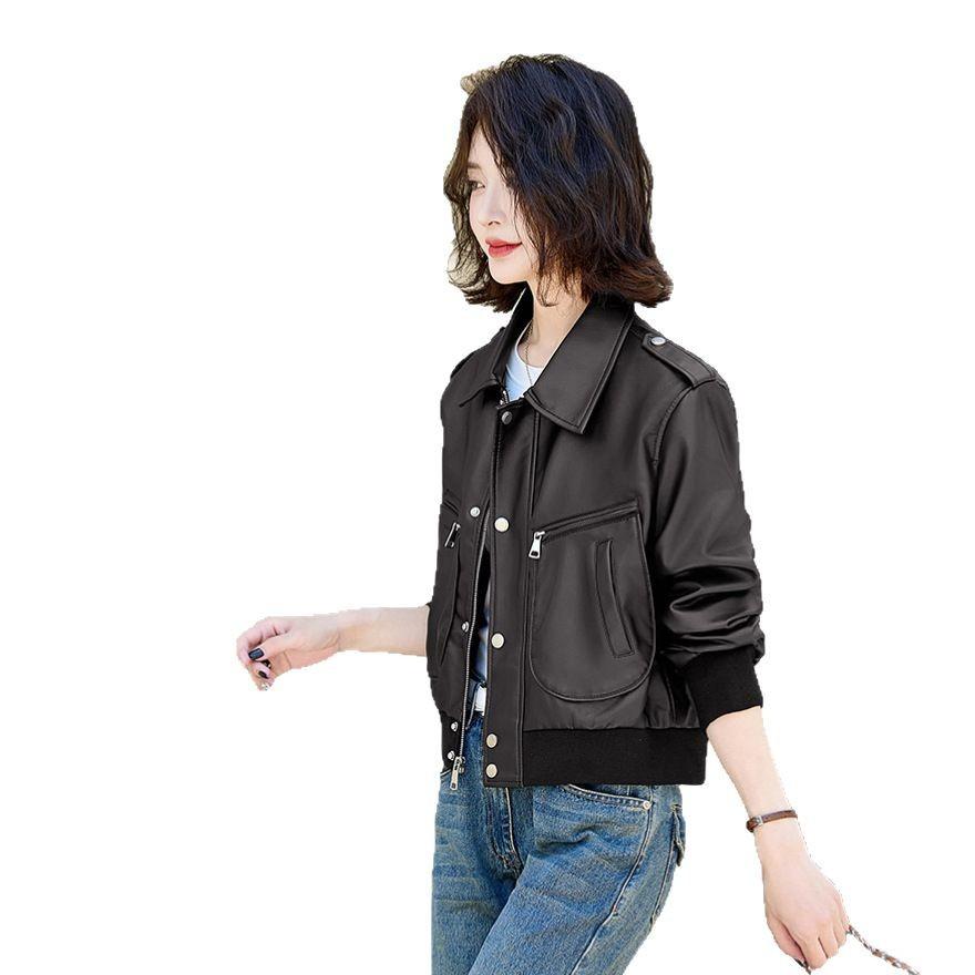 Black Small Leather Jacket Women's Spring and Autumn New Fashion Jacket Casual Design Top Short