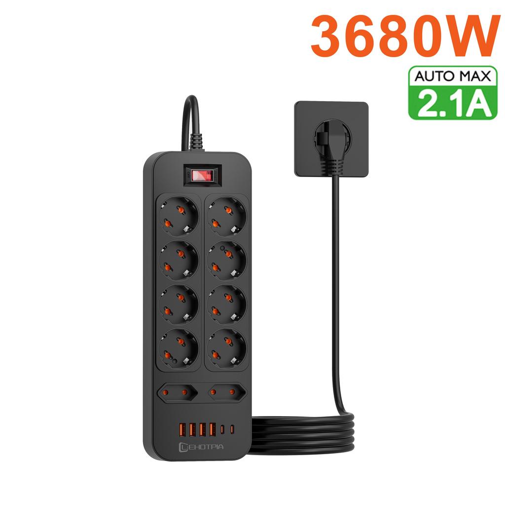 3680W EU zástrčka 10 AC zásuviek rozvodka 1,8m predlžovací kábel európska štandardná zástrčka zásuvka sieťový filter s USB C portami nabíjanie