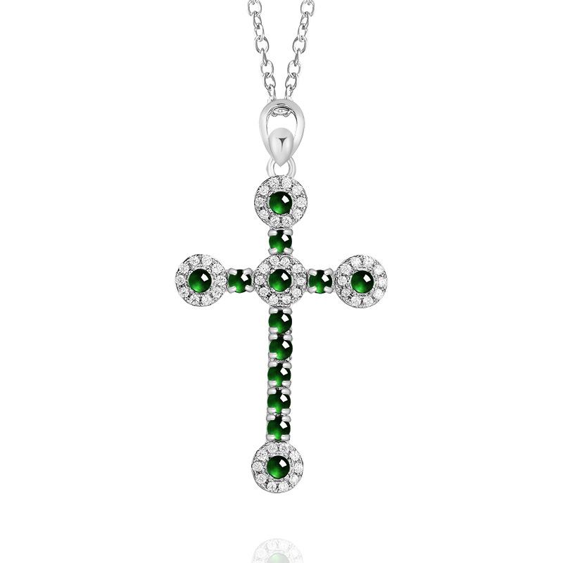 S925 Silber Inlay Natürliches Helles Grünes Jade Kreuz Anhänger für Männer und Frauen