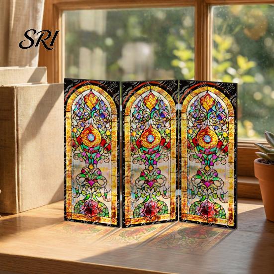 Colorful Folding Screen Mini Decorative Stained Glass Effect 3 Panel Divider Acrylic Desktop Office Desk Decoration Ornament for Home Living