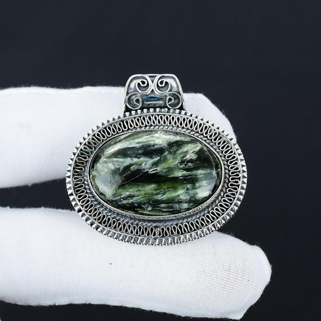 Natural Seraphinite Gemstone Silver Pendant In 925 Sterling Silver- Handmade Design, Everyday Wear Jewelry, Antique Pendant Gifts For Her
