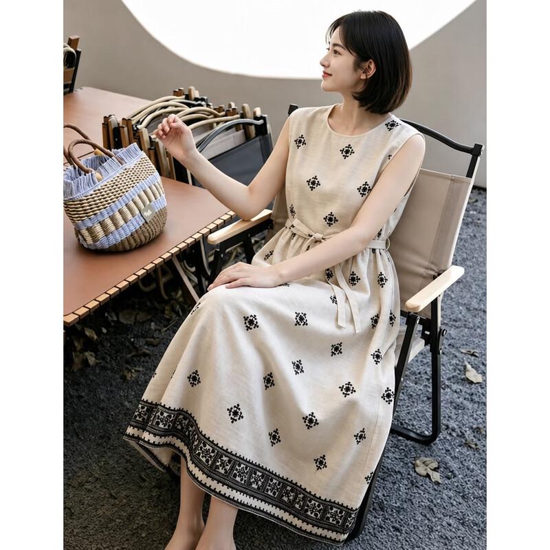 Women s Summer Boho Ethnic Print Sleeveless A-Line Midi Dress M