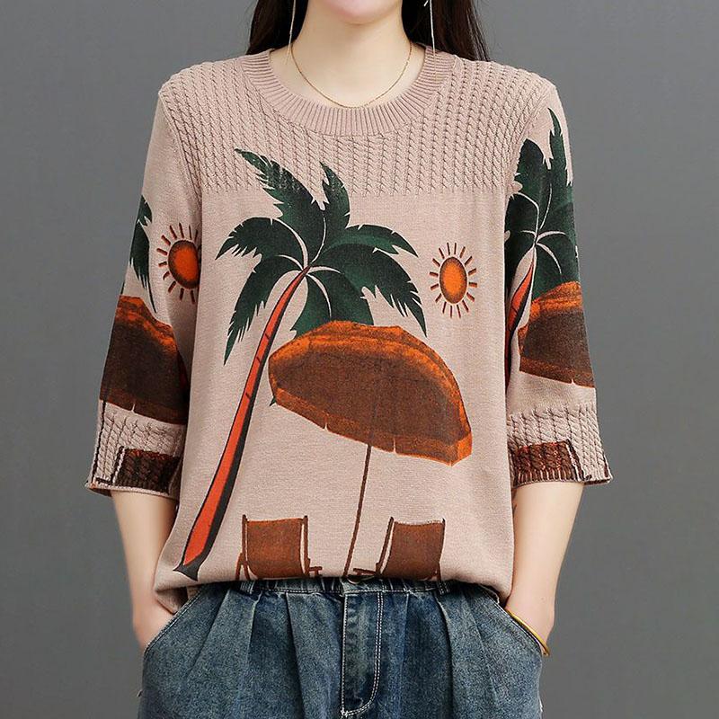 Cotton Sweater Women Plus Size Autumn Loose Round Neck Retro Printing Sweater Comfortable and Versatile Elastic Knit Sweater