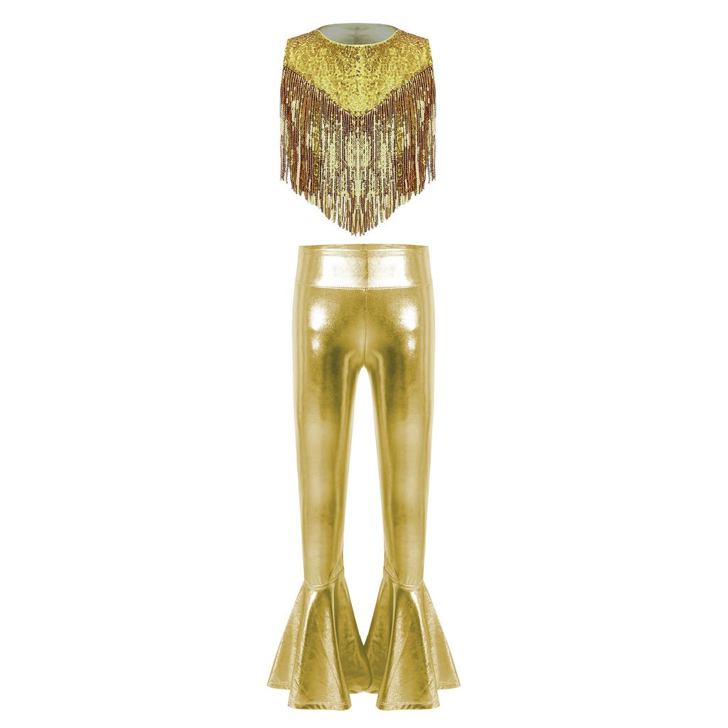 Girls Disco Outfit Metallic Sequins Sleeveless Round Neck Top Tassels Decoration High Waist Bell Bottom Pants