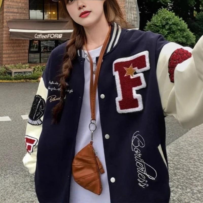 Unisex Vintage Baseballová Bunda Ležérní Oversized Vyšívaná S Potiskem Písmen Styl Mikiny Kabát