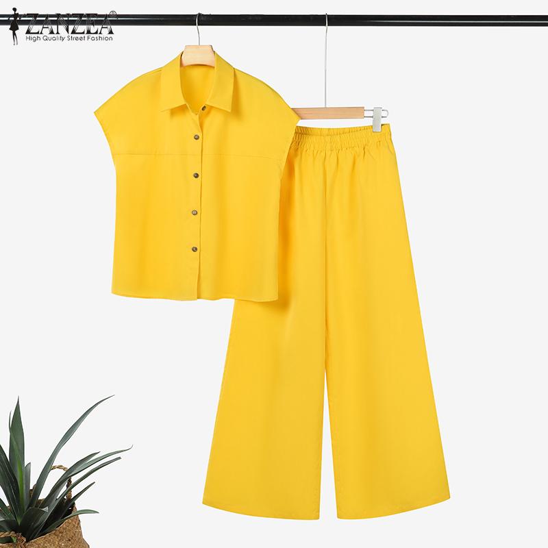 ZANZEA Women Short Sleeve Blouse and Pants Summer Two Piece Suit Sets