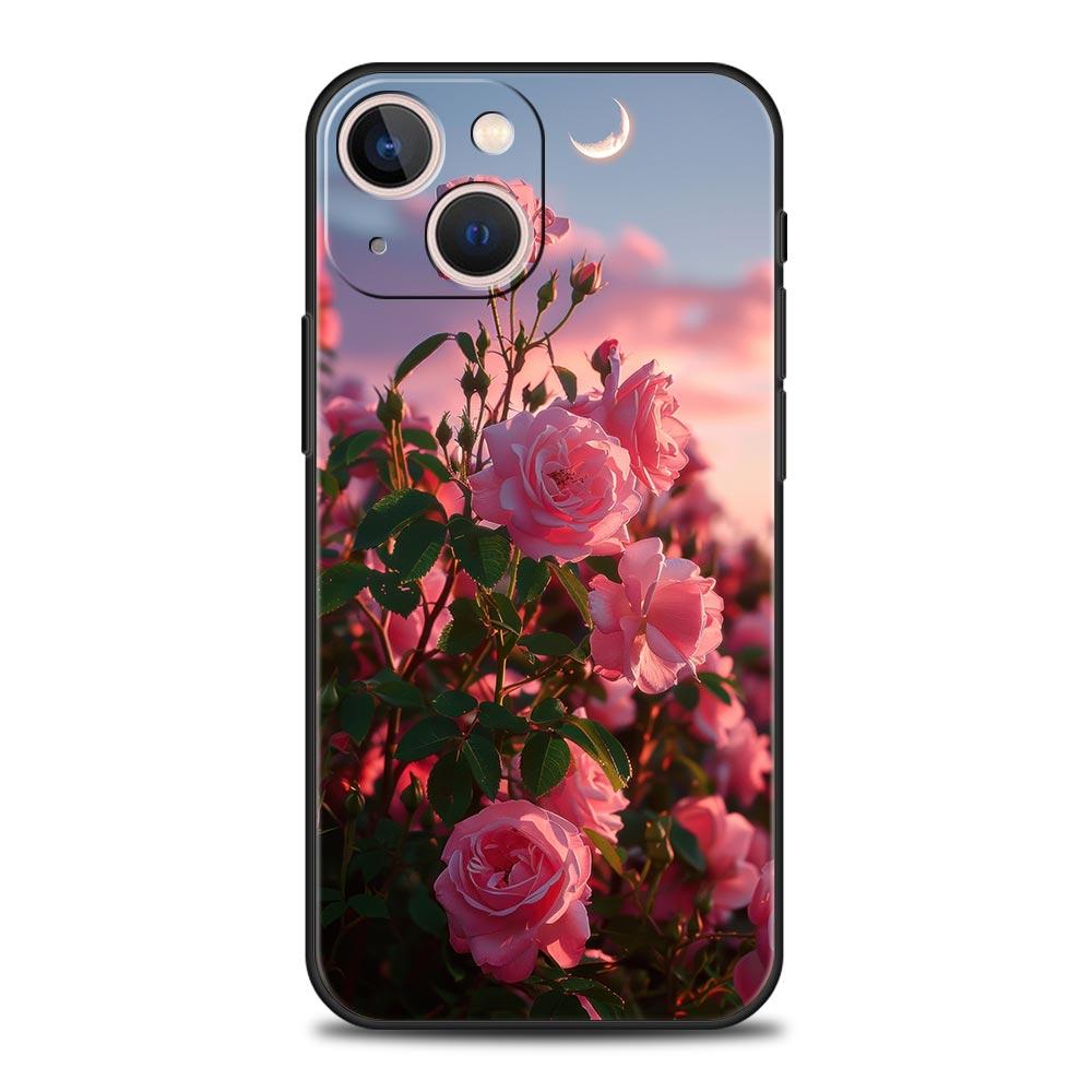 Luxury Phone Case For Apple iPhone 11 15 14 Pro MAX 12 13 7 8 Plus X XR XS MAX SE Black Cover Funda Beautiful Red Rose Flowers