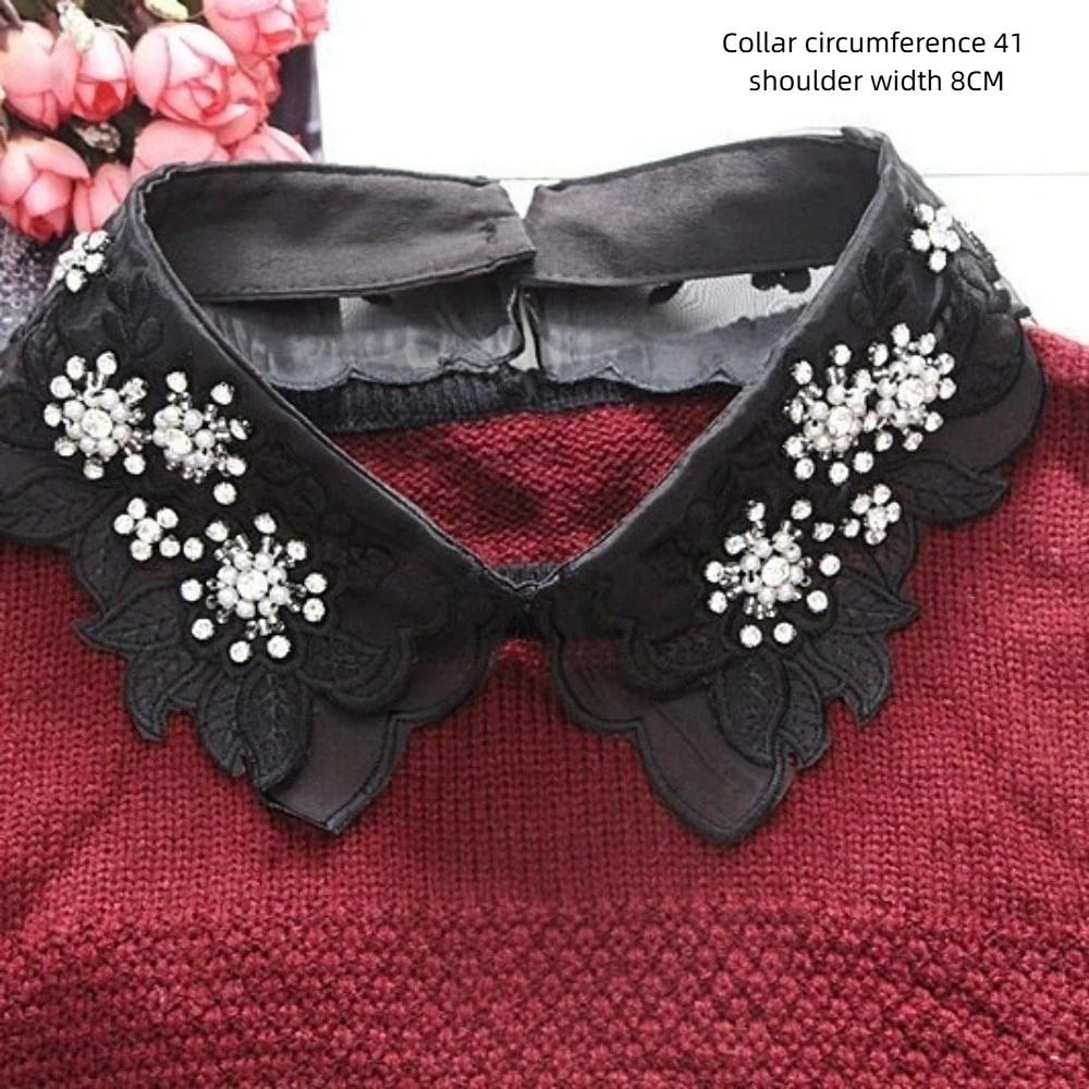 Fashion Cotton Lace Fake Crystal Beads Lace Leaves Detachable Collar Elegant White Color Fake Collar Ladies Blouse