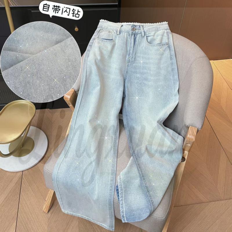 Korean Style Elegant Pearl Waist Rhinestone Light Jeans - Women's High Waist Straight Slimming Wide Leg Pants