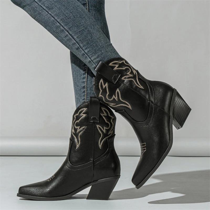 Winter Design Punk Style Embroidery Pointed Toe Women Ankle Boots Square Low Heels Short Western Booties Shoes