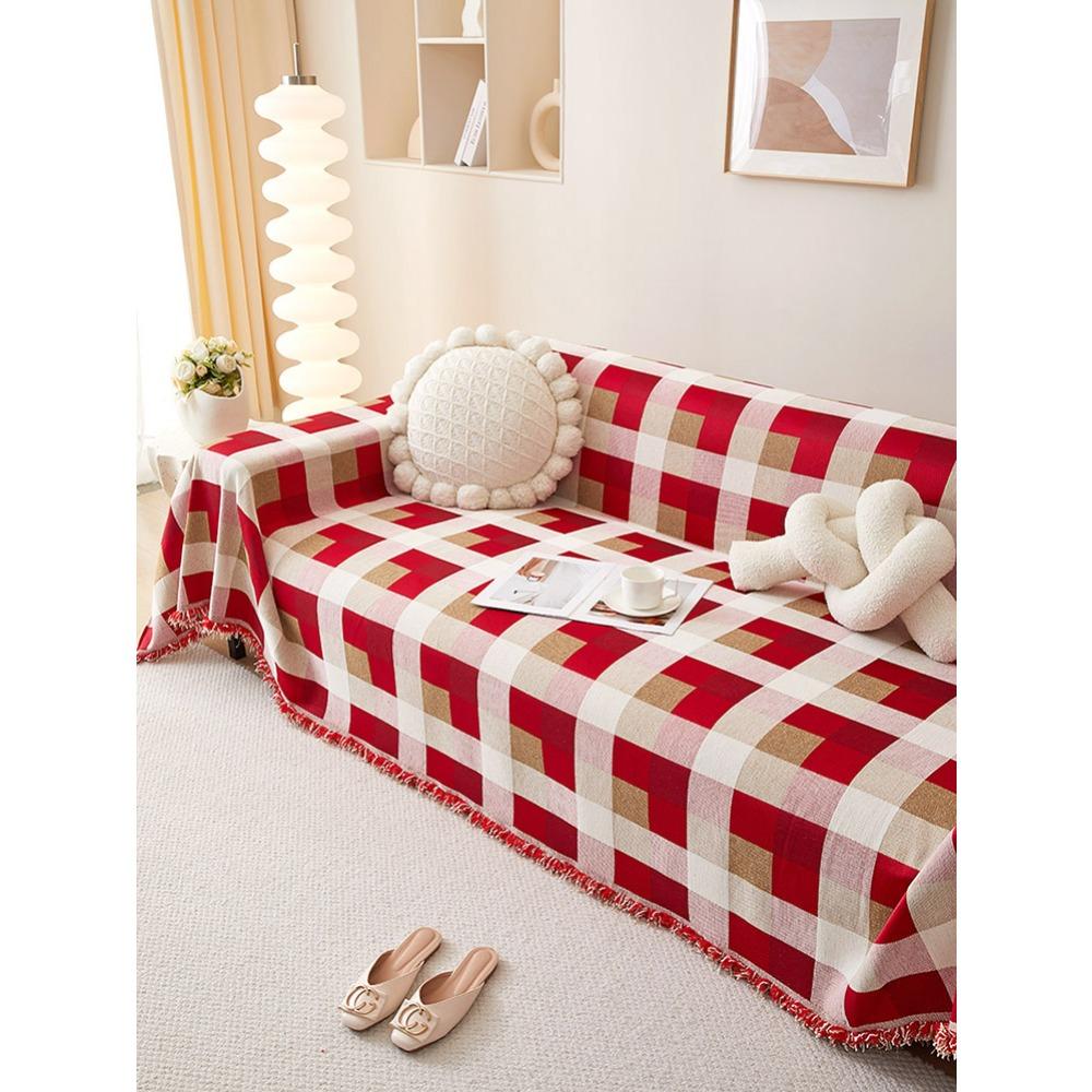 Red Festive Chenille Plaid Sofa Cover Cloth Sofa Towel Four Seasons Universal Sofa Cover Cover One Piece Full Cover Blanket