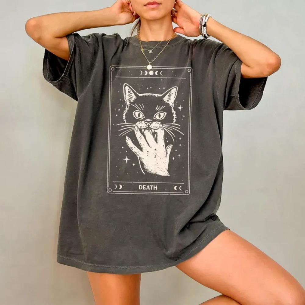 Women's Vintage Tarot Card Skeleton Cat The Lovers Print T-Shirt Men Oversized Tee Cotton Loose Top Short Sleeve