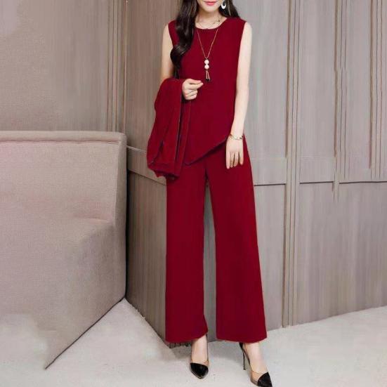 3Pcs/Set O-neck Sleeveless Lady Outfit Irregular Hem Elastic Waistband Pockets Vest Top Wide Leg Pants Mid-length Coat Set