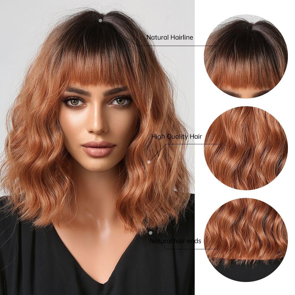 ALAN EATON Ombre Black Brown Orange Synthetic Bangs Wigs Short Wavy Bob Wigs for Women Natural Daily Cosplay Hair Heat Resistant