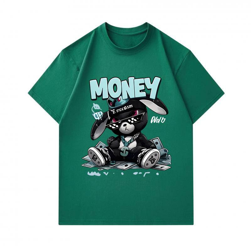 Men's 100% Cotton Crew Neck Short Sleeve T-Shirt, Cool Hip Hop Black Bunny Money Graphic Print Casual Comfortable Streetwear Tee for Daily Wear