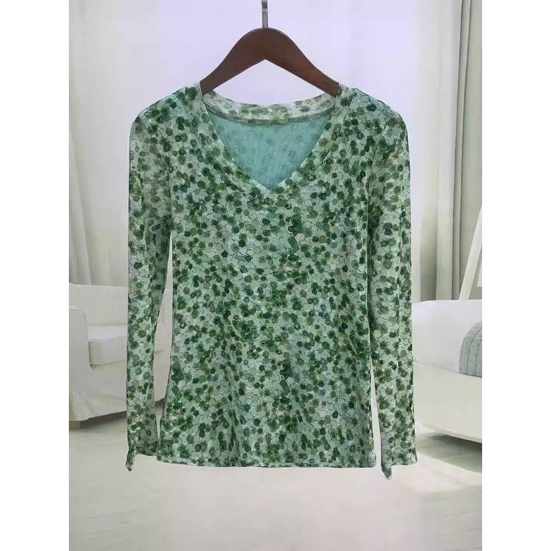 Printed V-neck Noble Long-sleeved Fashionable Mesh New Fashion Bottoming Slimming Top