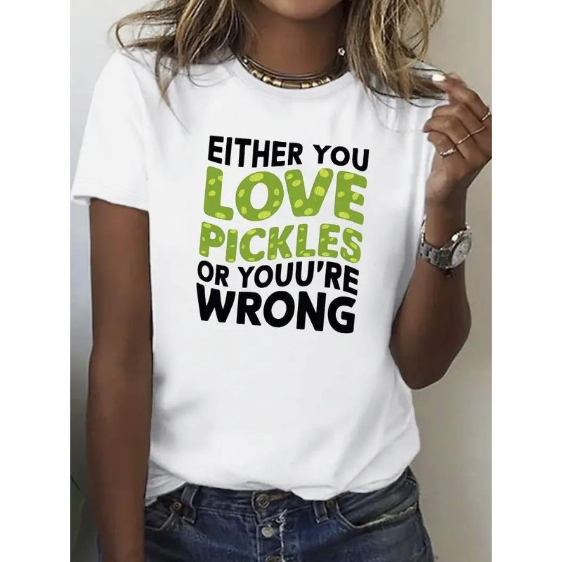 100% Cotton Women s Casual T-Shirt - Fun Either You Love Pickles or You re Wrong Print, Breathable Round Neck Short Sleeve Tee, S белый