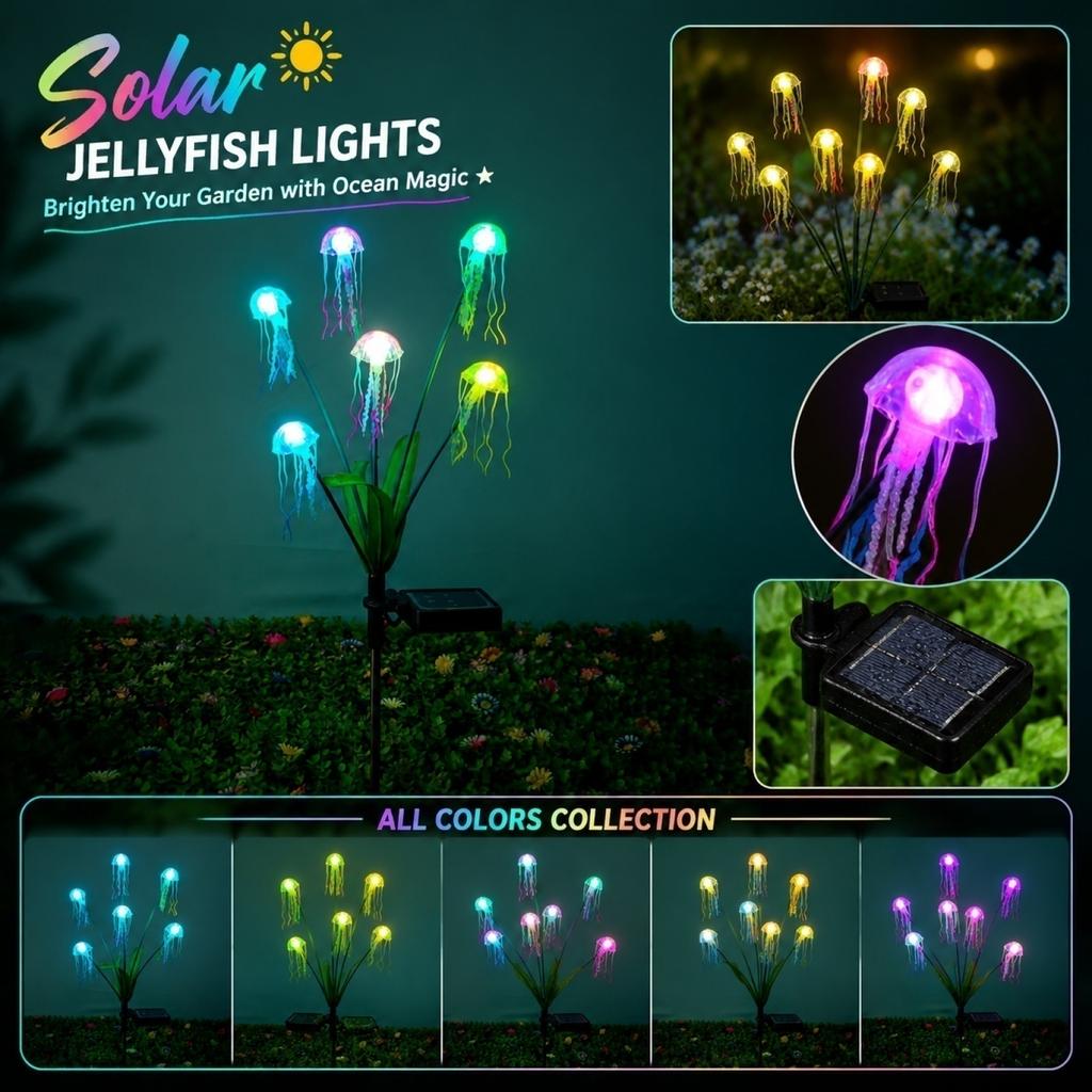 Solar Powered LED Jellyfish Garden Stake Lights Outdoor Decorative Lighting with Flexible Tentacles and Integrated Solar Panel for Pathway Lawn