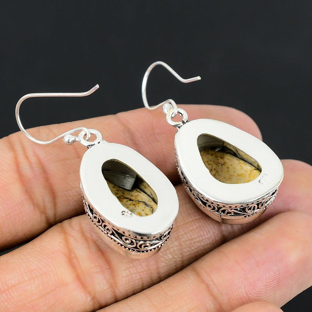 Picture Jasper Stone 925 Silver Drop Dangle Trendy Vintage Hook Earrings Jewelry