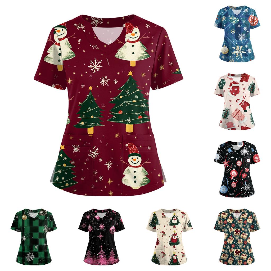 Kortermet juleprintet V-hals Topp T-skjorte med knapper i siden og splitt