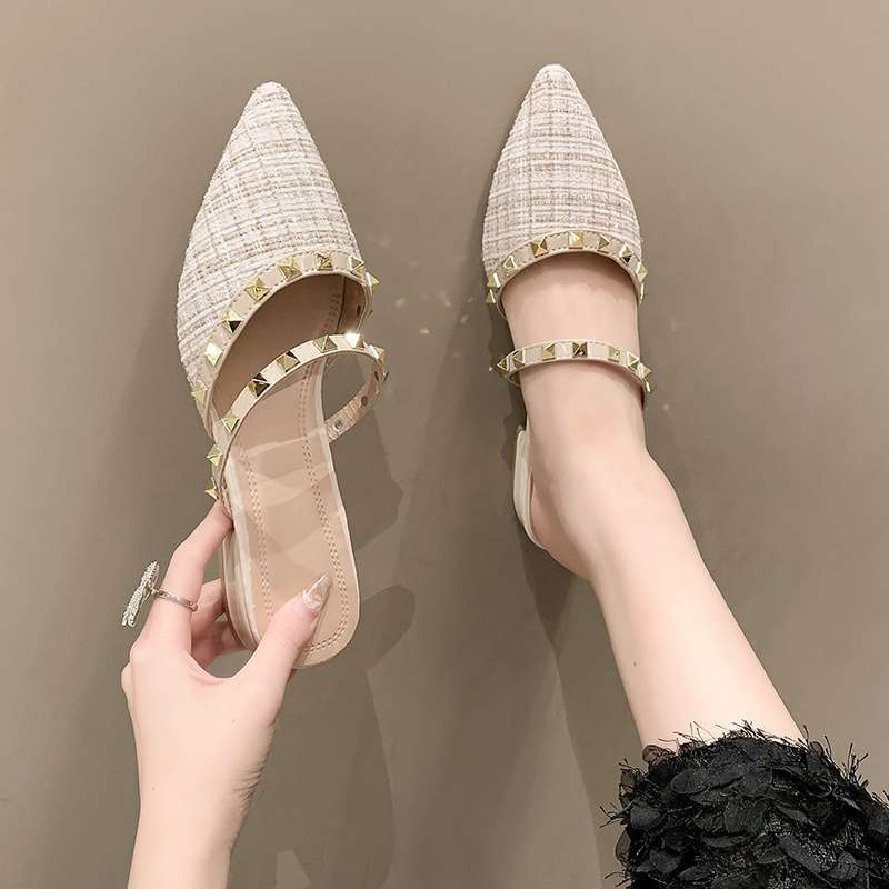 Fashion Rivet Baotou Half Slippers Women's Summer Wear New Thick Heel Pointed Head Low Heel Lazy Muller Fairy Cool Slippers