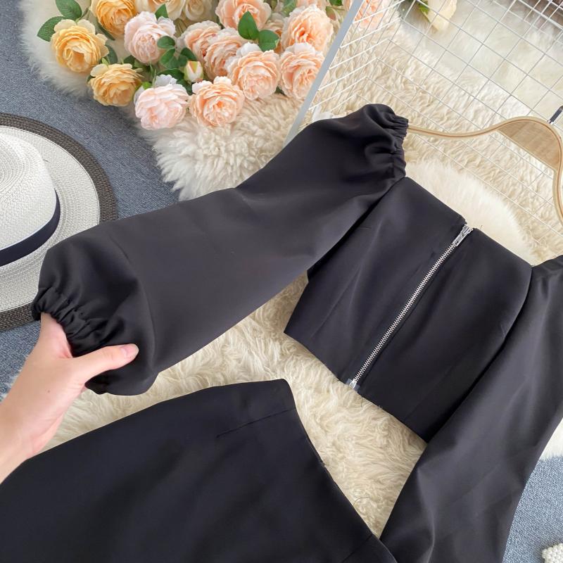 Autumn Retro Square Collar Temperament Bubble Sleeve Top Short High Waist Half-Body Skirt Celebrity Temperament Two-Piece Suit