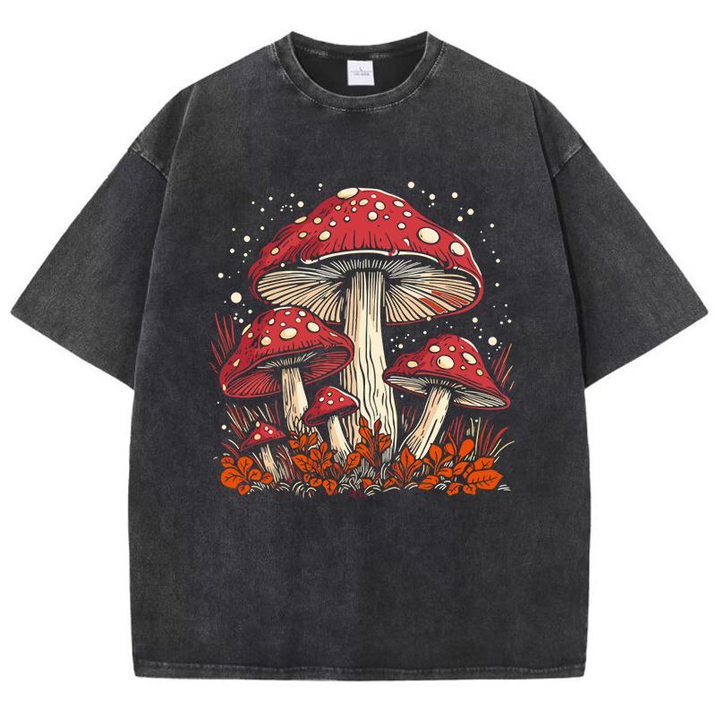 Red Mushroom Personality Graphic Print Women Washed T-Shirts Summer Cotton T Shirt Y2K Loose Short Sleeves Clothes