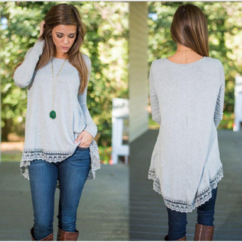 Long Sleeve T Shirt For Women With Lace Splicing In Polyester Fabric For Casual Streetwear