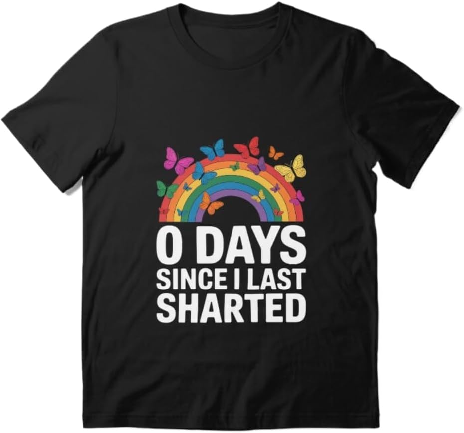Funny 0 Days Since Last Sharted Rainbow Humor Graphic T-Shirt Unisex 100% Cotton Crew Neck Short Sleeve Casual Tee S разноцветный