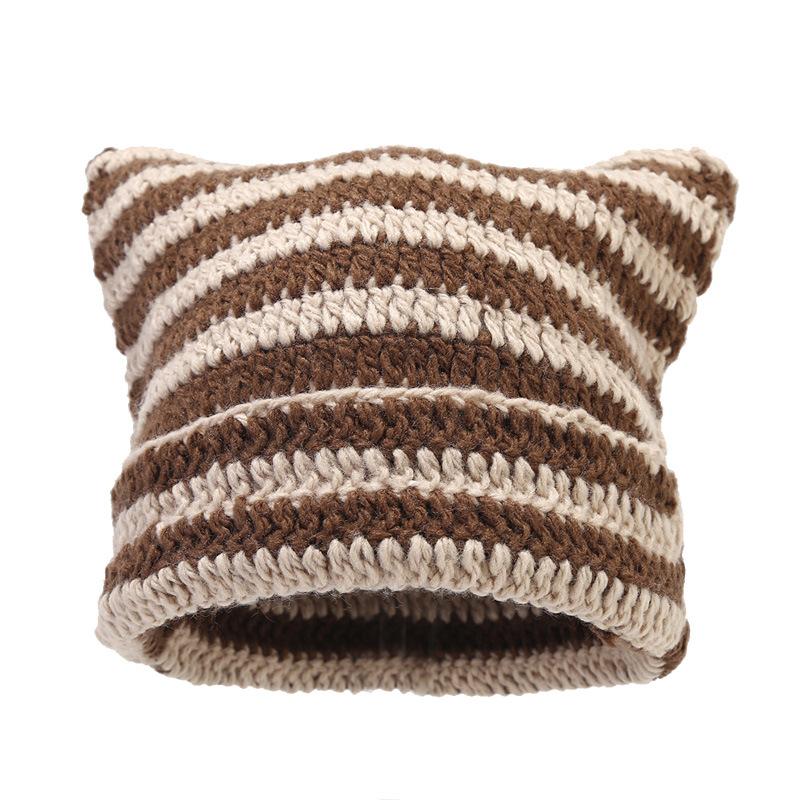Jacquard Custom Label Patch Embroidery logo Winter Warm Cat Ear Stripe Knit Beanie Hat With Ear