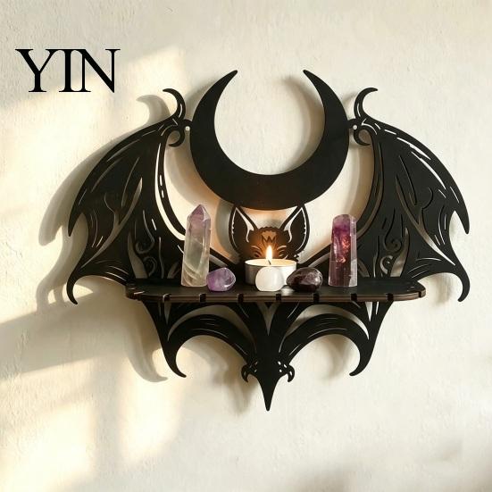 Gothic Style Storage Bat Wall Shelf, Mount Wooden & Moon Rack, Creative Wing Display Stand Floating Shelf for Bedroom Living Room Halloween