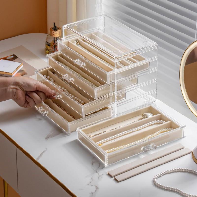 Velvet Necklace Storage Box Clear Acrylic Stackable Jewelry Organizer With Lid Dustproof