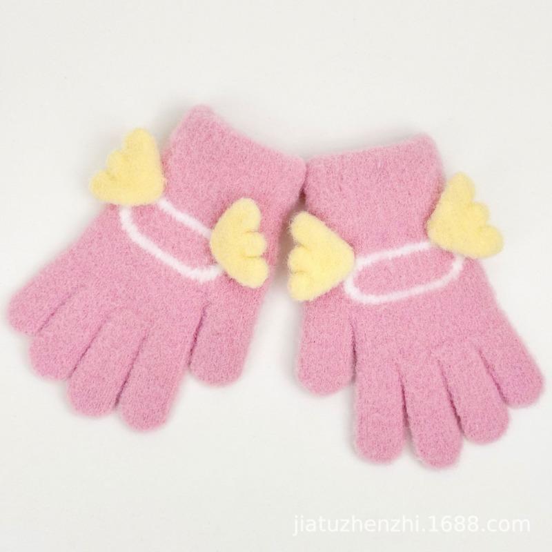 Children's cute gloves five fingers warm angel wings piled and thickened cute children's outdoor travel five fingers