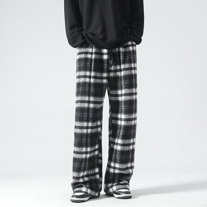 Winter Tweed Wide Leg Pants Men Plaid Straight Casual Trousers Couple Style