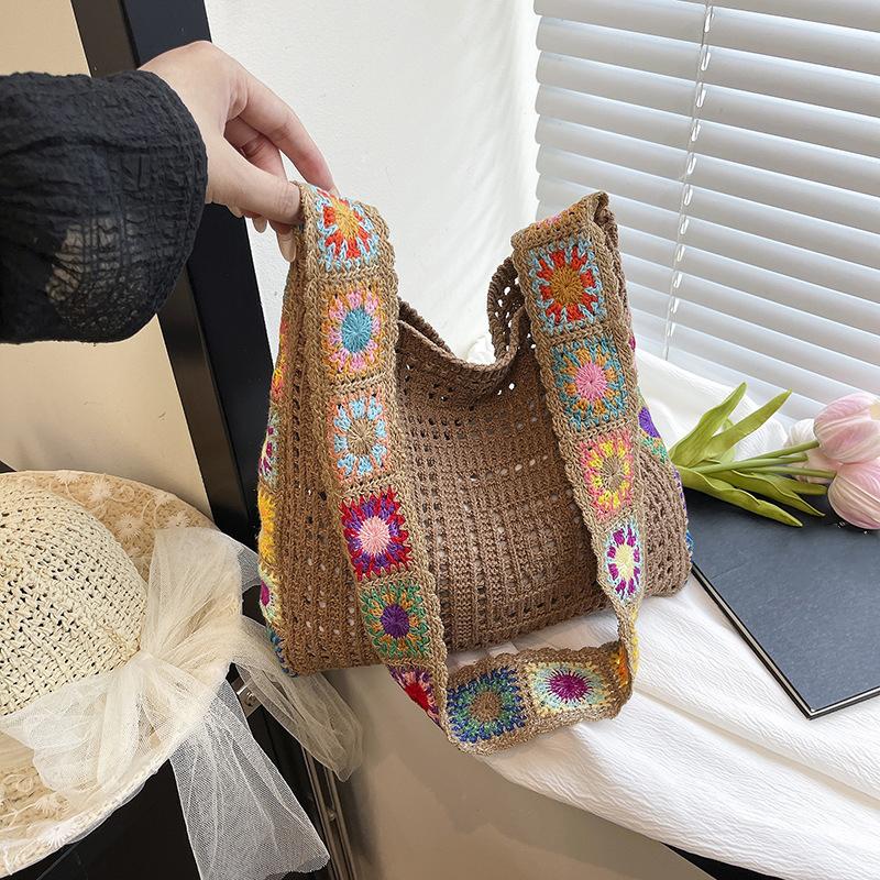 Large Capacity Fashi Boho Tote Bag Trendy Floral Crochet Handmade Knitted Bag Vintage Multicolor Hollow Out Handbag