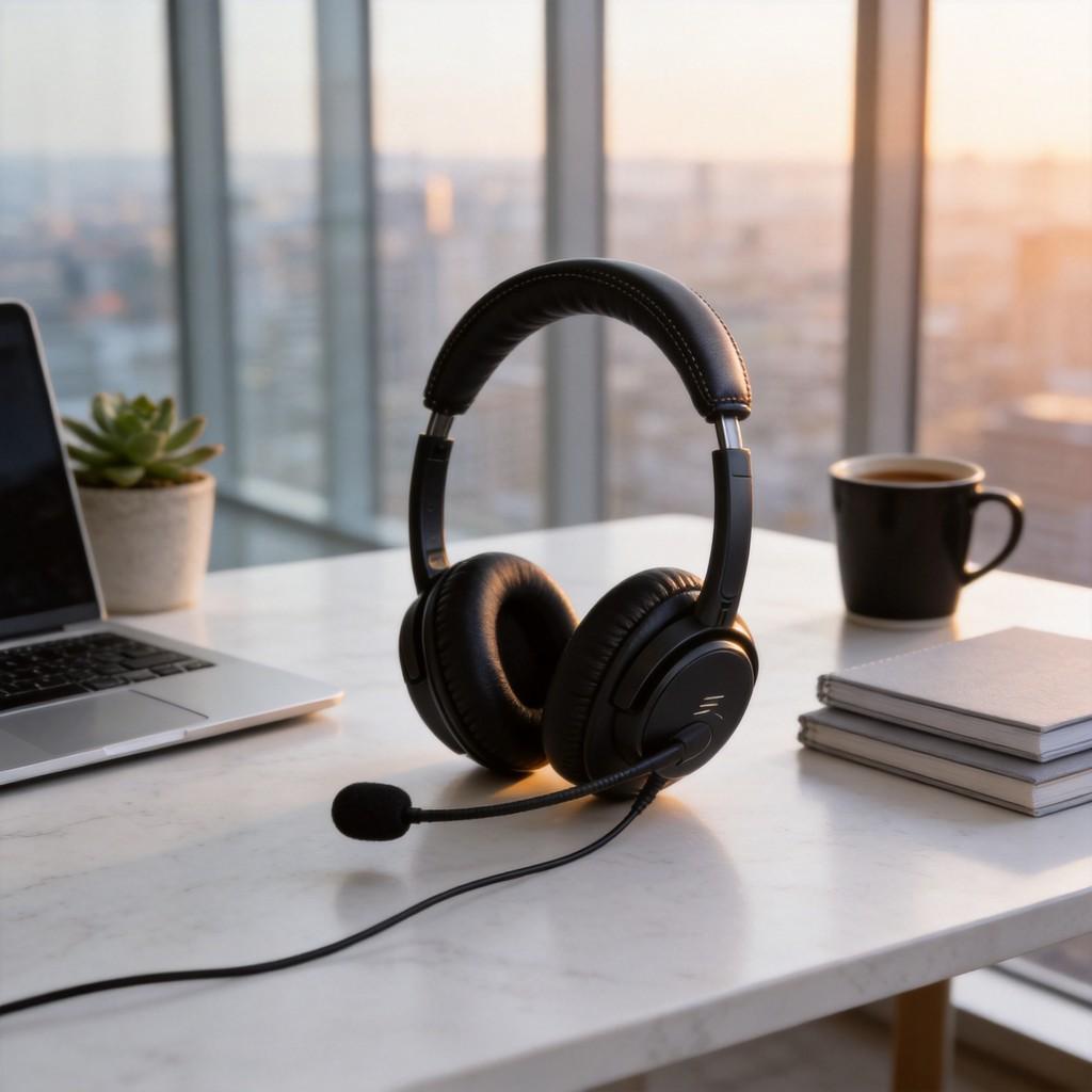 Call Center Headset With Microphone And Adjustable Ear Cushions For Office Communication