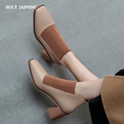Mode Comfortabele Echt Lederen Dames Enkelboots Elegant Vierkante Neus Dikke Hakken Pumps Party Casual Schoenen Vrouw 2024 Nieuw