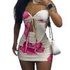D9111 European and American hot-selling women's clothing, sexy flower-printed off-the-shoulder streamer top with mini-skirt set