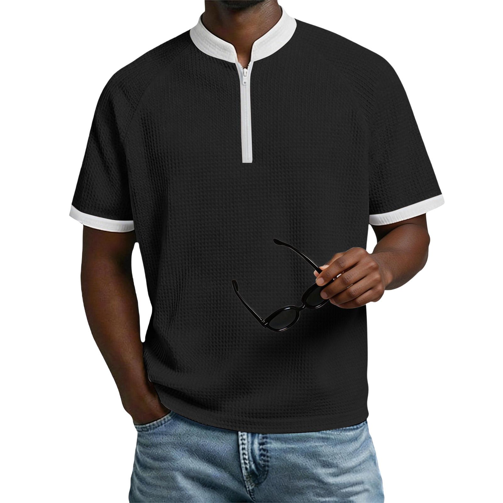 

Men s Short Sleeve Stand Collar Zip Up Casual Shirt with Contrast Trim Lightweight Textured Fabric Top M