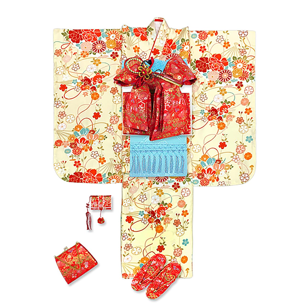 

Muromachi 7 Years Old Kimono Full Set Girls Classic Pattern Kimono Set Synthetic Fiber Flowers on OYM618d102ZZ [Kyoto st. ] Shichi-Go-San Children s