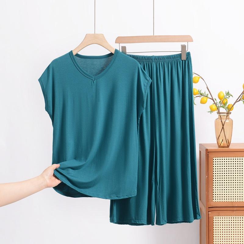 Modal V-Ausschnitt Kurzarm Caprihosen Set, Ein lockeres, übergroßes Freizeit-Zweiteiler-Set für Damen, Kann über Hauskleidung getragen werden