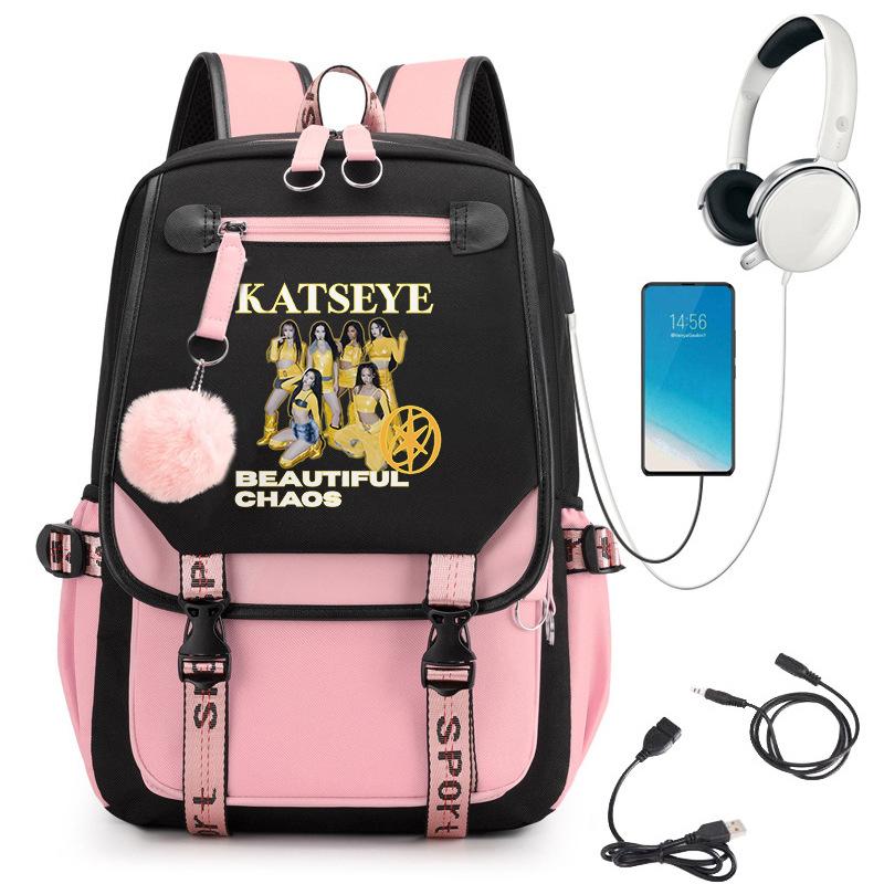 KATSEYE Skolas mugursoma ar USB uzlādes