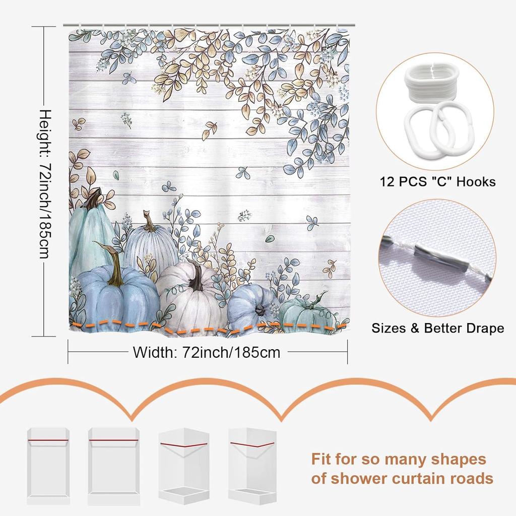 Baccessor Herbst Erntedank Blau Weiß Kürbisse Duschvorhang Eukalyptusblätter Herbst Duschvorhang Polyesterstoff Badezimmer Bad Heimdeko