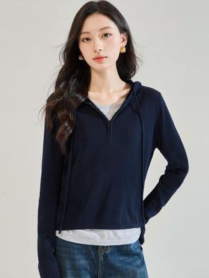 Herbst Wolle & Maulbeerseide Colorblock Kapuzenstrickpullover - Damen Schlankmachender Pullover Hoodie