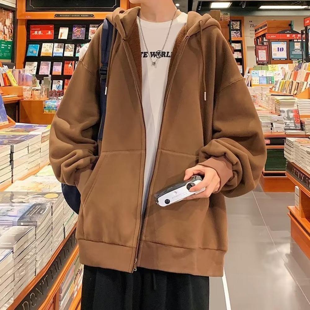 Men's Plus Velvet Autumn Loose Solid Color All-match Hoodie Casual Breathable Zipper Sports Jacket