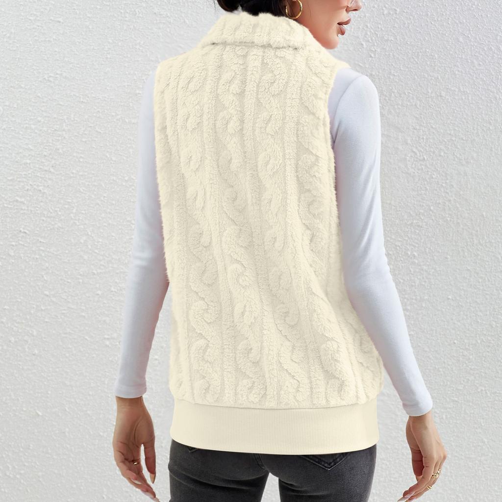 Fashionable Ladies Plaid Comfortable Fleece Cardigan Vest Stand Collar Sleeveless Women's Jacket