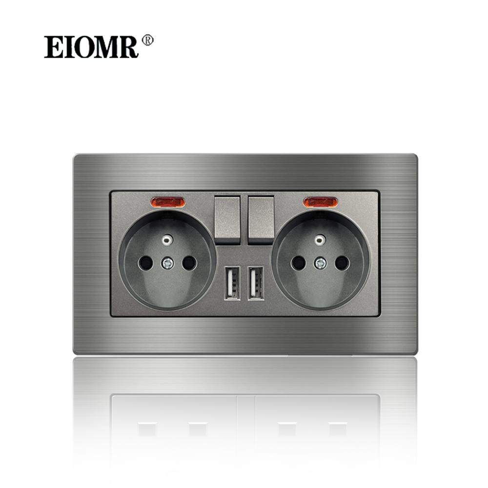 EIOMR France Standard Electrical Socket Grey Aluminum Alloy Panel Light Switch Rj45 Tv 220V 16A Wall Outlets for Home Appliance
