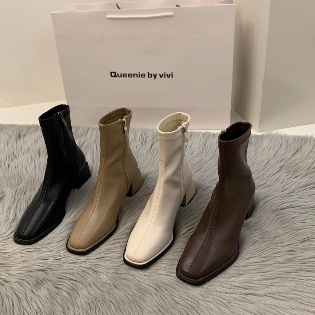 Sense High Heels White Martin Short Boots French Small Ankle Boots Spring and Summer Velvet New Thin Boots Women's Boots