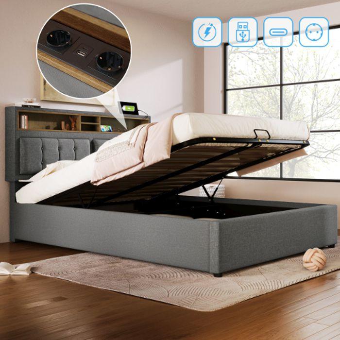 Lit Double - MUVOE - 140x200 Cm - Tête De Lit Réglable - Prise USB Intégrée - Rangement Spacieux